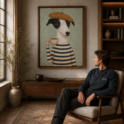 Playful dog wall art above a seated viewer in a cozy living room with bookshelves.
