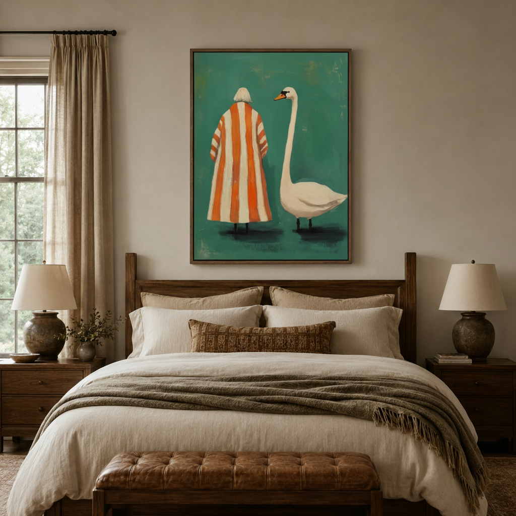Quirky figurative wall art print of woman in striped coat with swan, framed above bedroom headboard