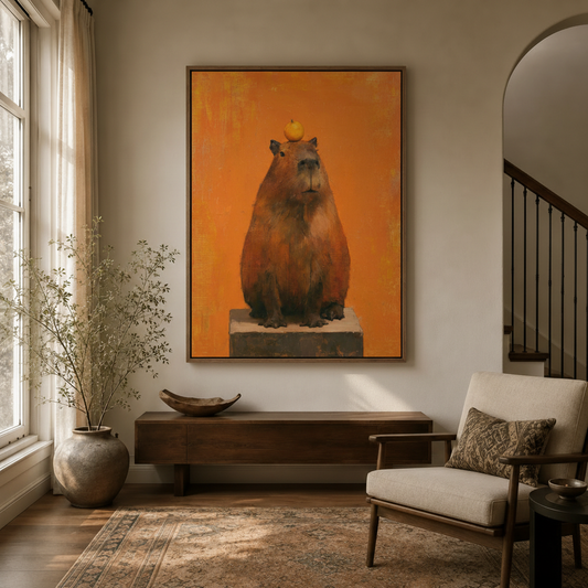 Whimsical capybara with orange framed canvas art in an entryway interior setting