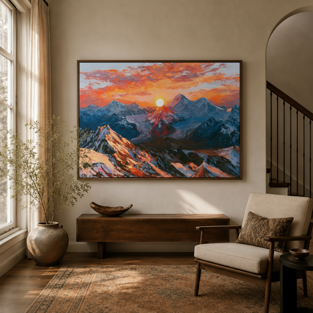 Impressionist alpine sunrise canvas art displayed above wooden console in modern entryway