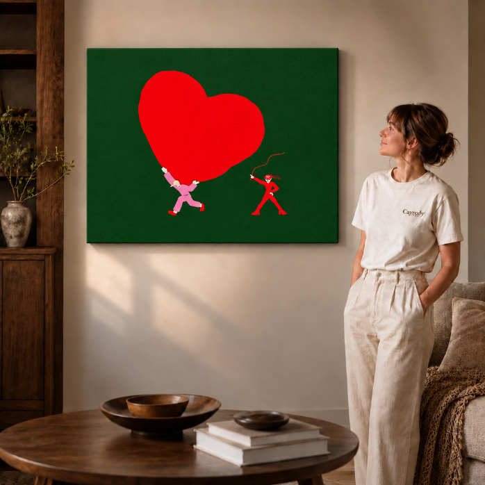 Unframed red heart canvas with two tiny figures displayed in a living room.