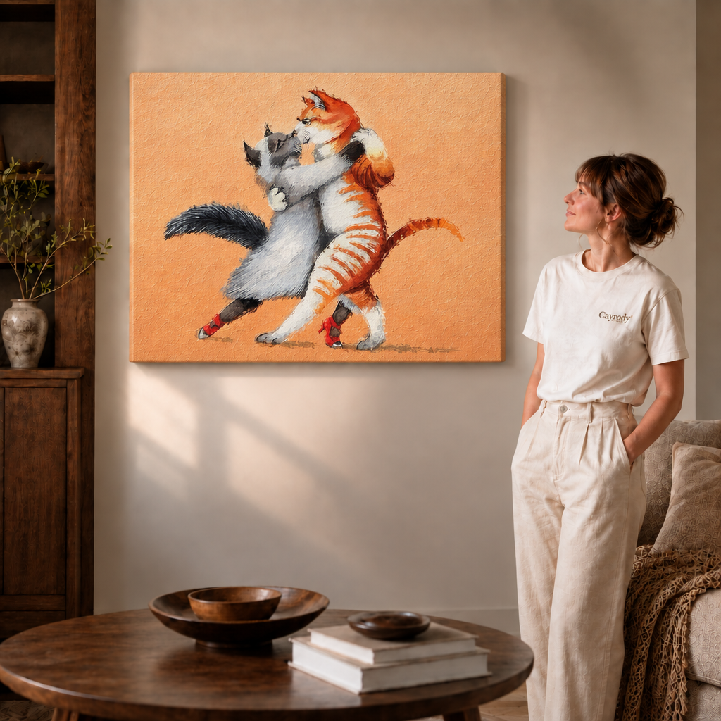 Dancing cats canvas wall art beside a woman in white, with the artwork extending around the canvas edge.