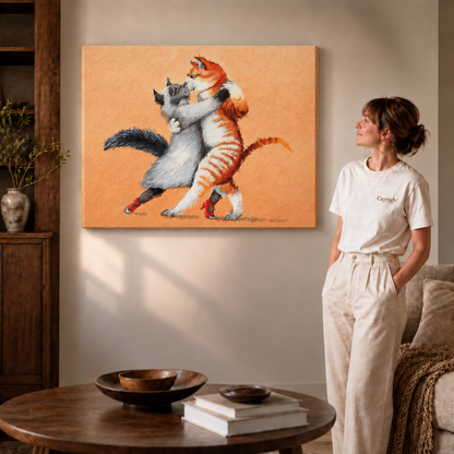 Dancing cats canvas wall art beside a woman in white, with the artwork extending around the canvas edge.