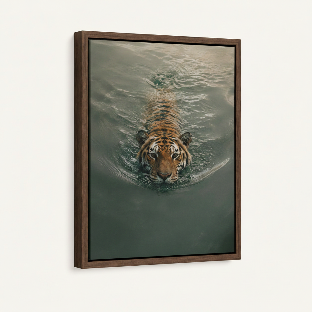 Framed canvas angled view of tiger emerging from dark water with walnut frame and teal-grey tones