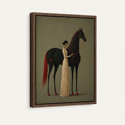 Framed canvas art angled side view showing walnut wood frame and deep gallery depth