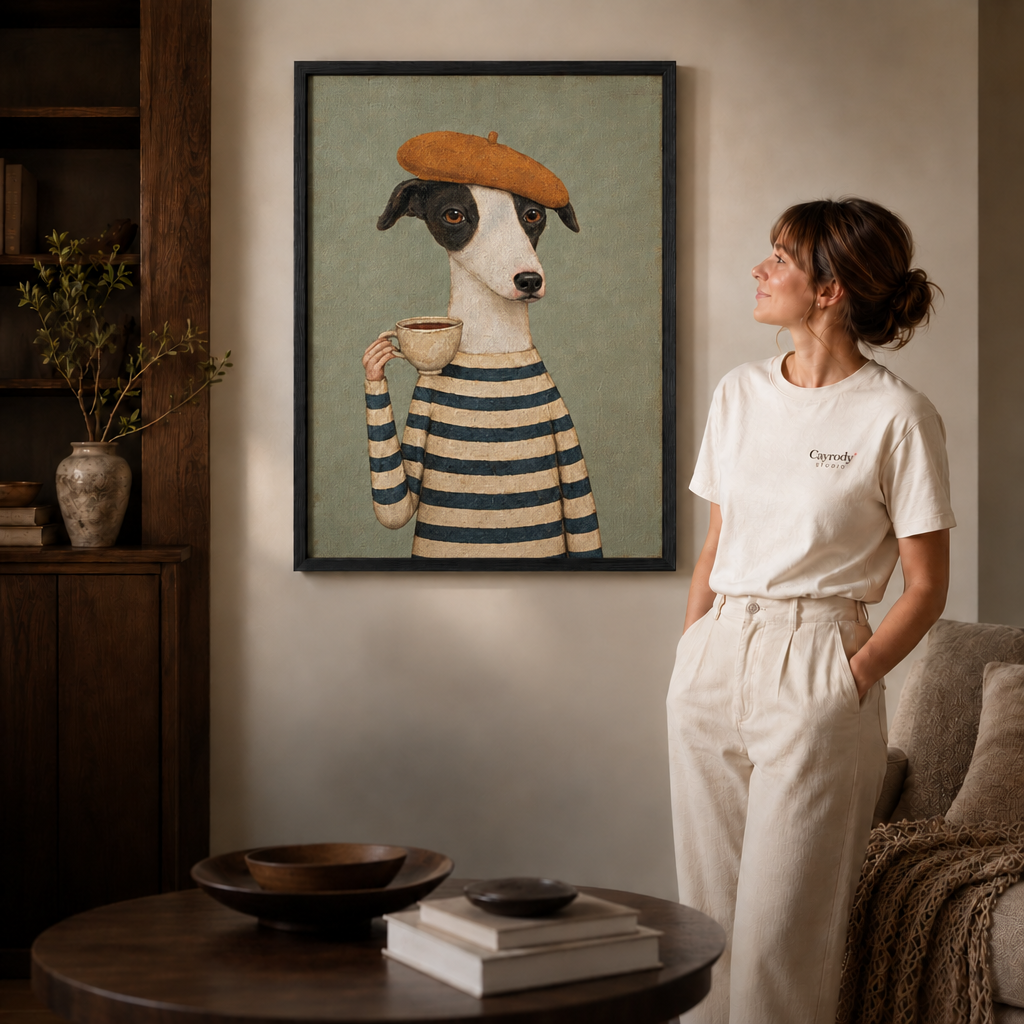 Framed dog artwork shown close up in a relaxed living space.