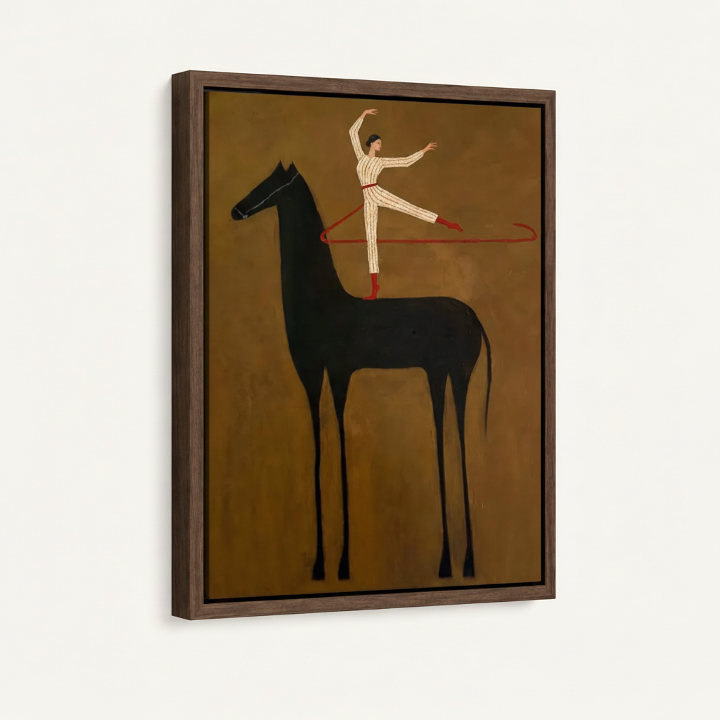 Side angle of framed canvas showing ballerina in striped outfit balancing on tall black horse with red ribbon