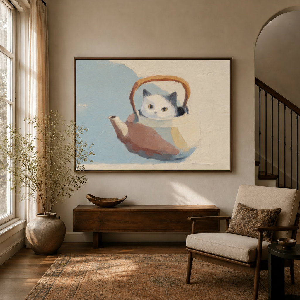 Impressionist cat in teapot canvas wall art displayed in a warm modern entryway above a walnut console