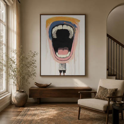 Surrealist scream canvas art in walnut frame displayed above console in neutral hallway with arched doorway