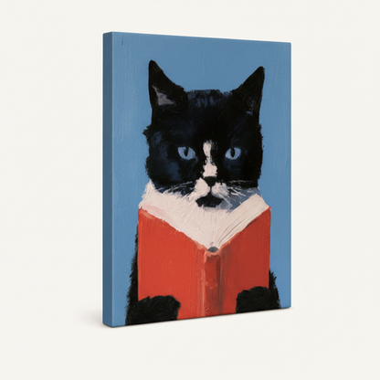 Gallery-wrapped reading cat canvas print — side angle showing blue-wrapped edges