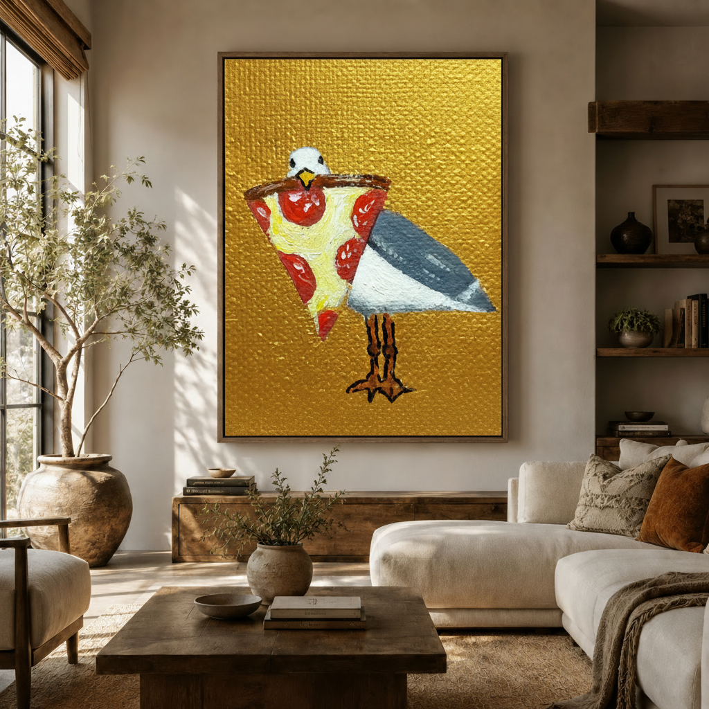 Funny pizza seagull canvas print displayed above sofa in warm neutral living room