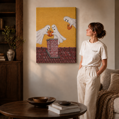  Unframed ghost pumpkin canvas art beside a sofa, with a golden sky and red rooftop.
