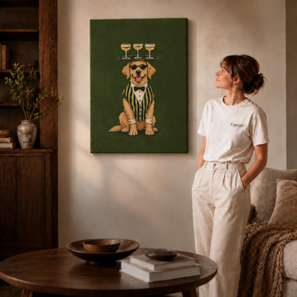 Whimsical bartender dog canvas displayed unframed in a warm living room.