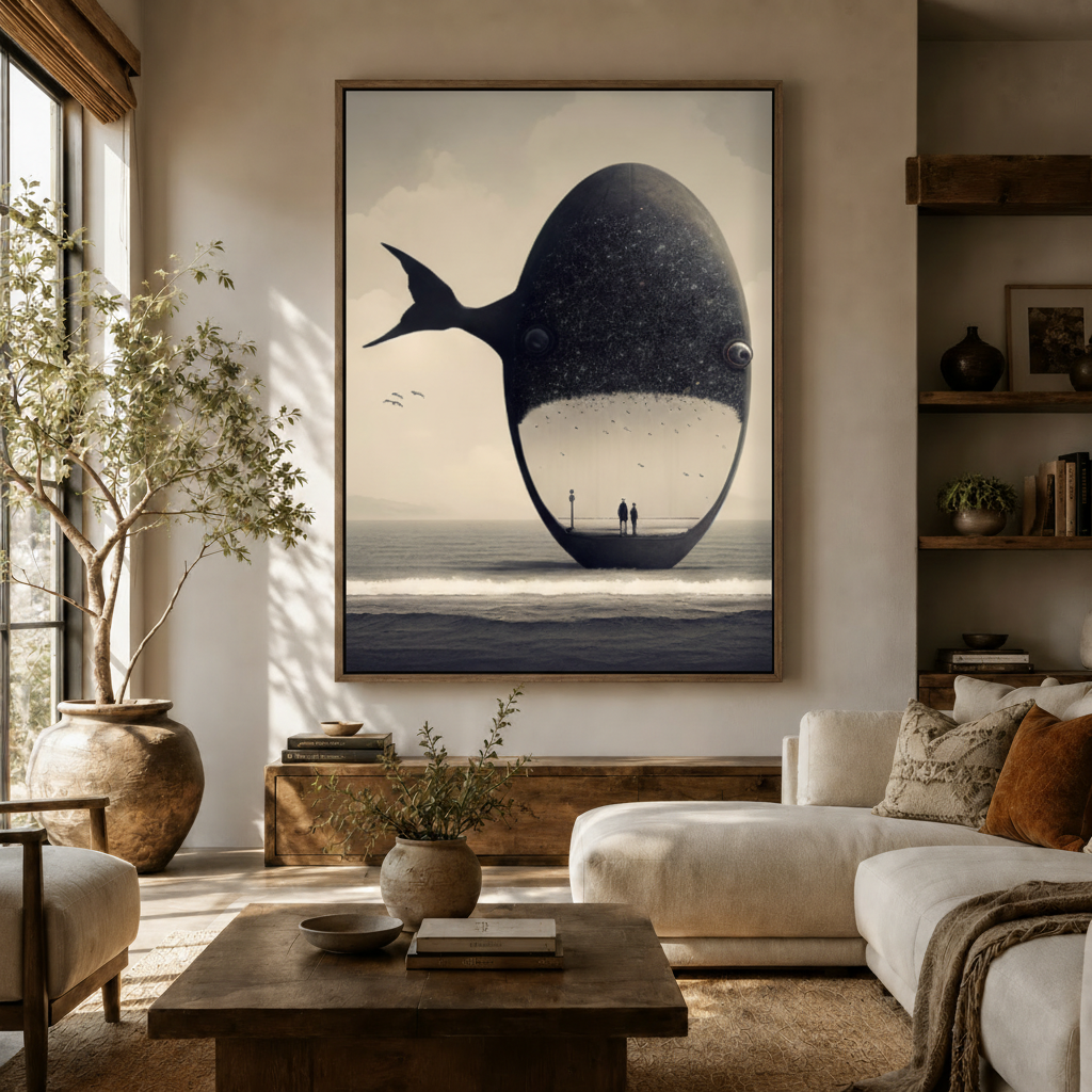 Large dark ocean surrealism canvas print above rustic sideboard in warm neutral farmhouse living room