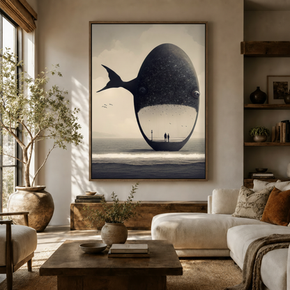 Large dark ocean surrealism canvas print above rustic sideboard in warm neutral farmhouse living room