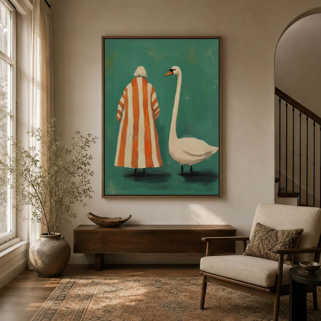 Whimsical canvas print of woman in orange striped coat standing beside white swan, hallway display