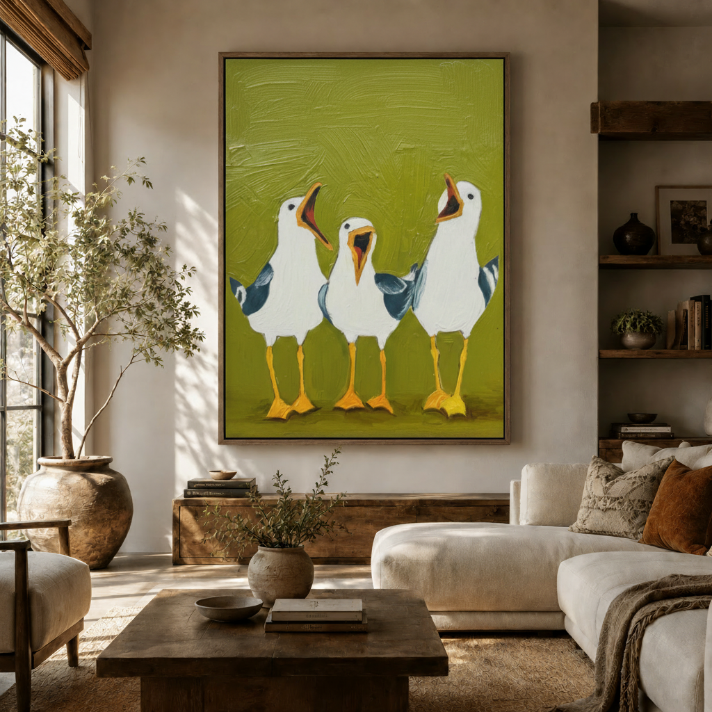 Large framed seagull canvas print displayed above sofa in warm neutral living room