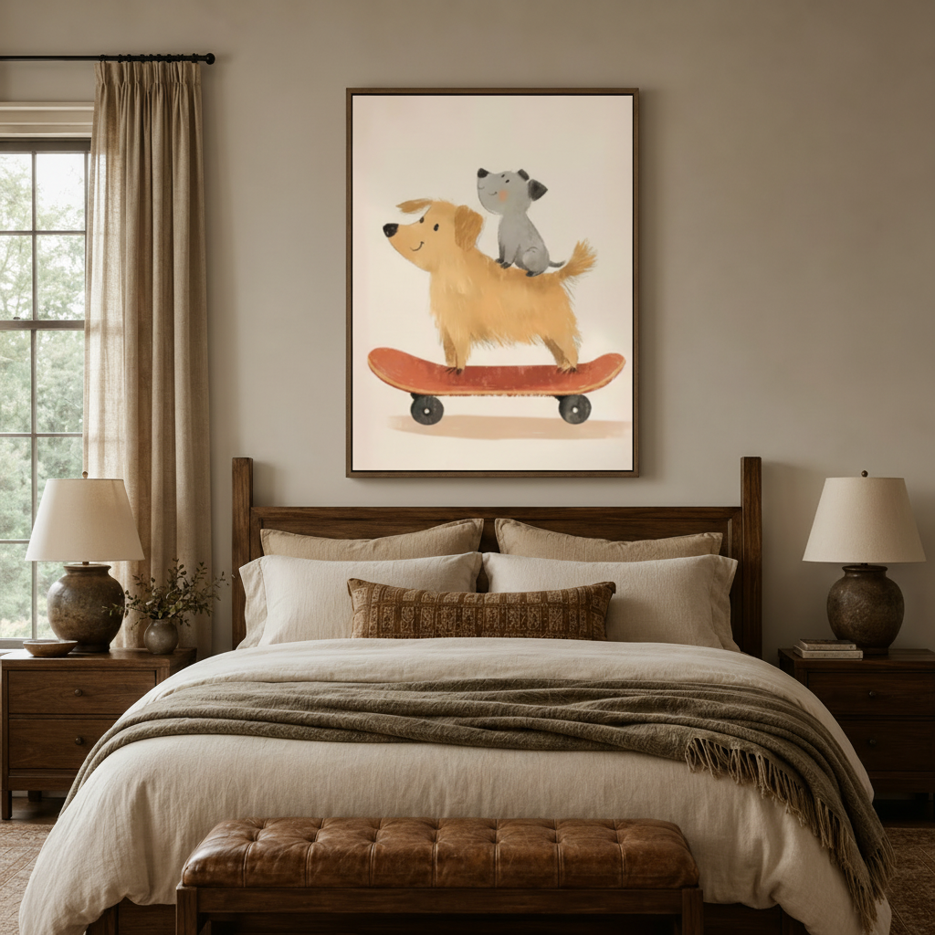 Playful dog cat illustration wall art in dark walnut frame above wooden bed in neutral bedroom