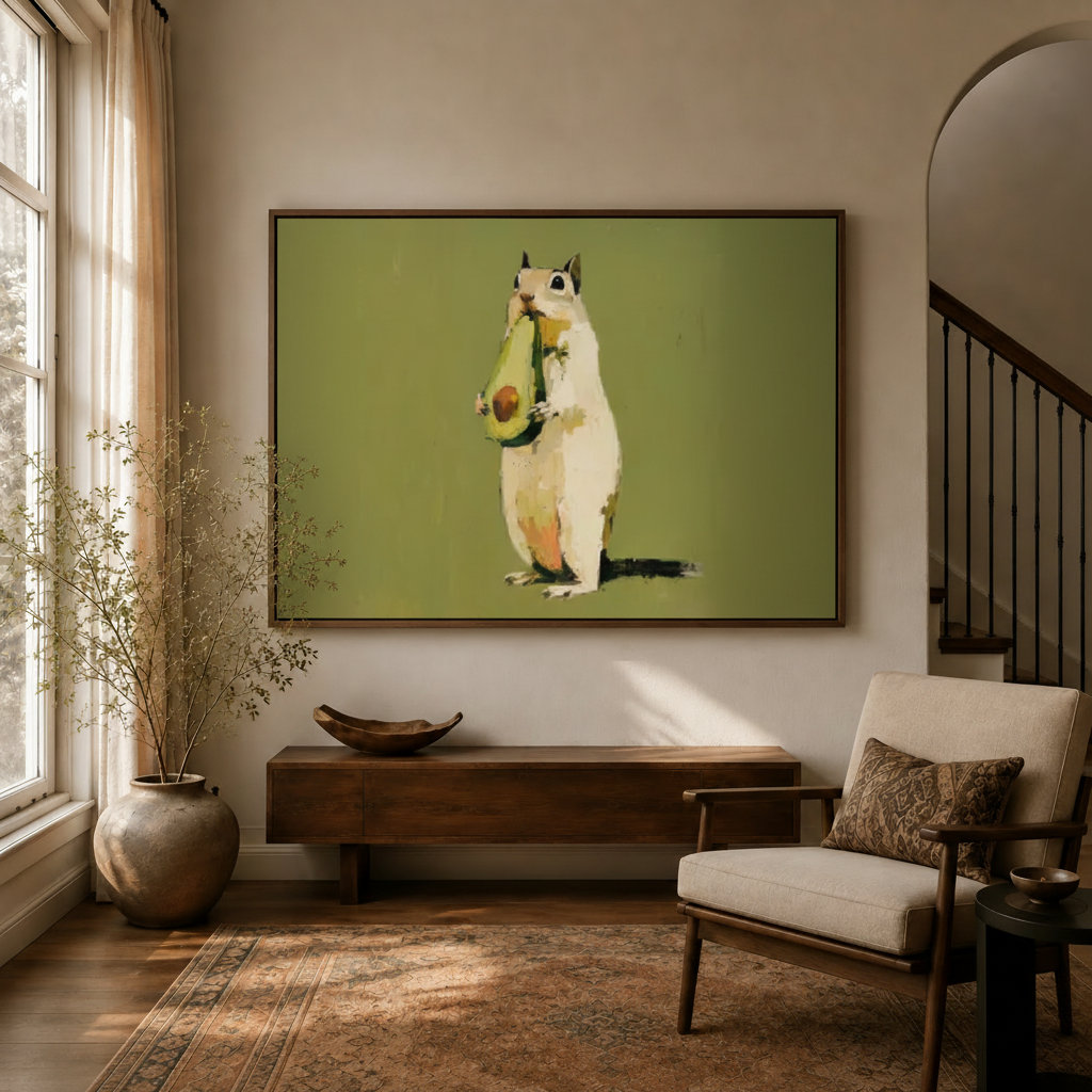 Folk art squirrel avocado canvas print displayed in dark walnut frame in modern entryway with dried branch decor