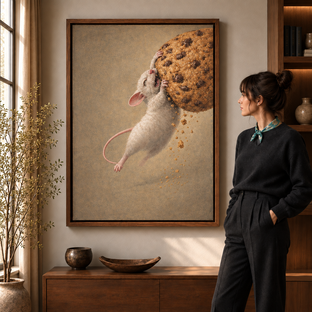 Whimsical mouse floral canvas art in a walnut frame beside a woman in a warmly lit living room.