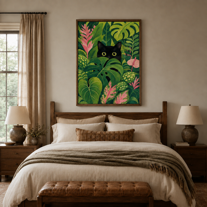 Black Cat Tropical Jungle Botanical Bold Canvas Wall Art C1109