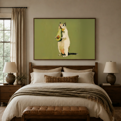 Folk art animal canvas print hanging above bed in neutral bedroom with linen bedding and walnut furniture