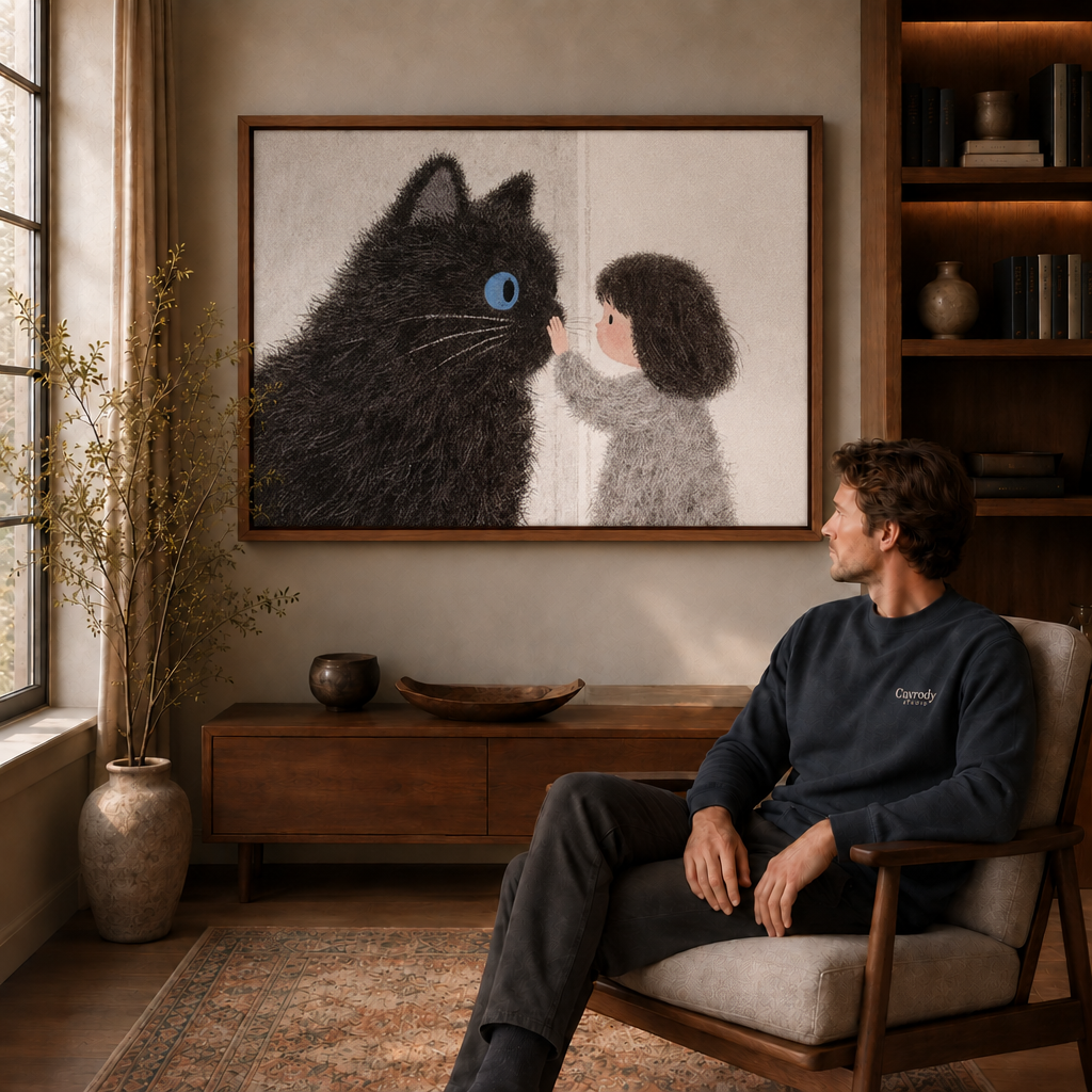 Wood framed cat and girl canvas wall art above a cabinet