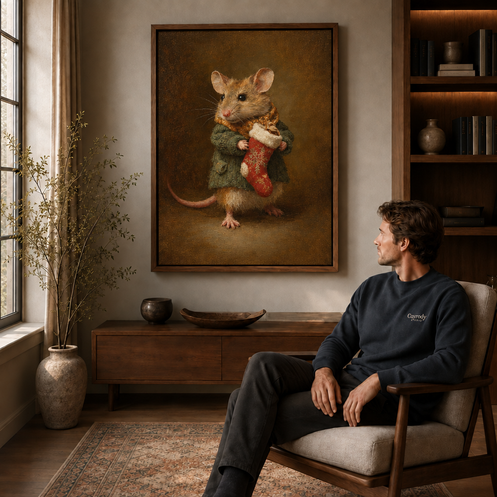 Seated man viewing walnut-framed Christmas mouse wall art near a sunlit window.
