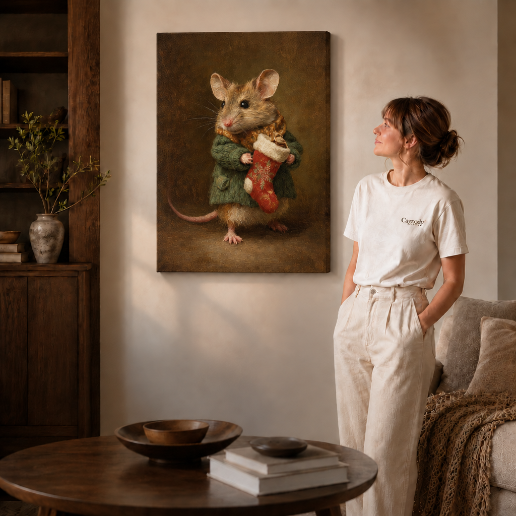 Unframed Christmas mouse canvas beside a woman in a cozy living room.