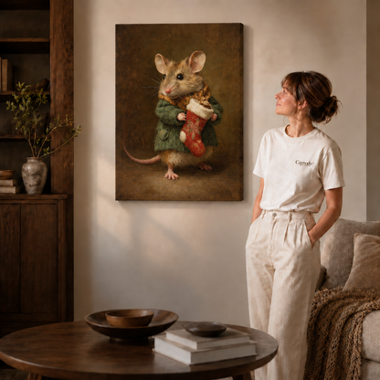 Unframed Christmas mouse canvas beside a woman in a cozy living room.