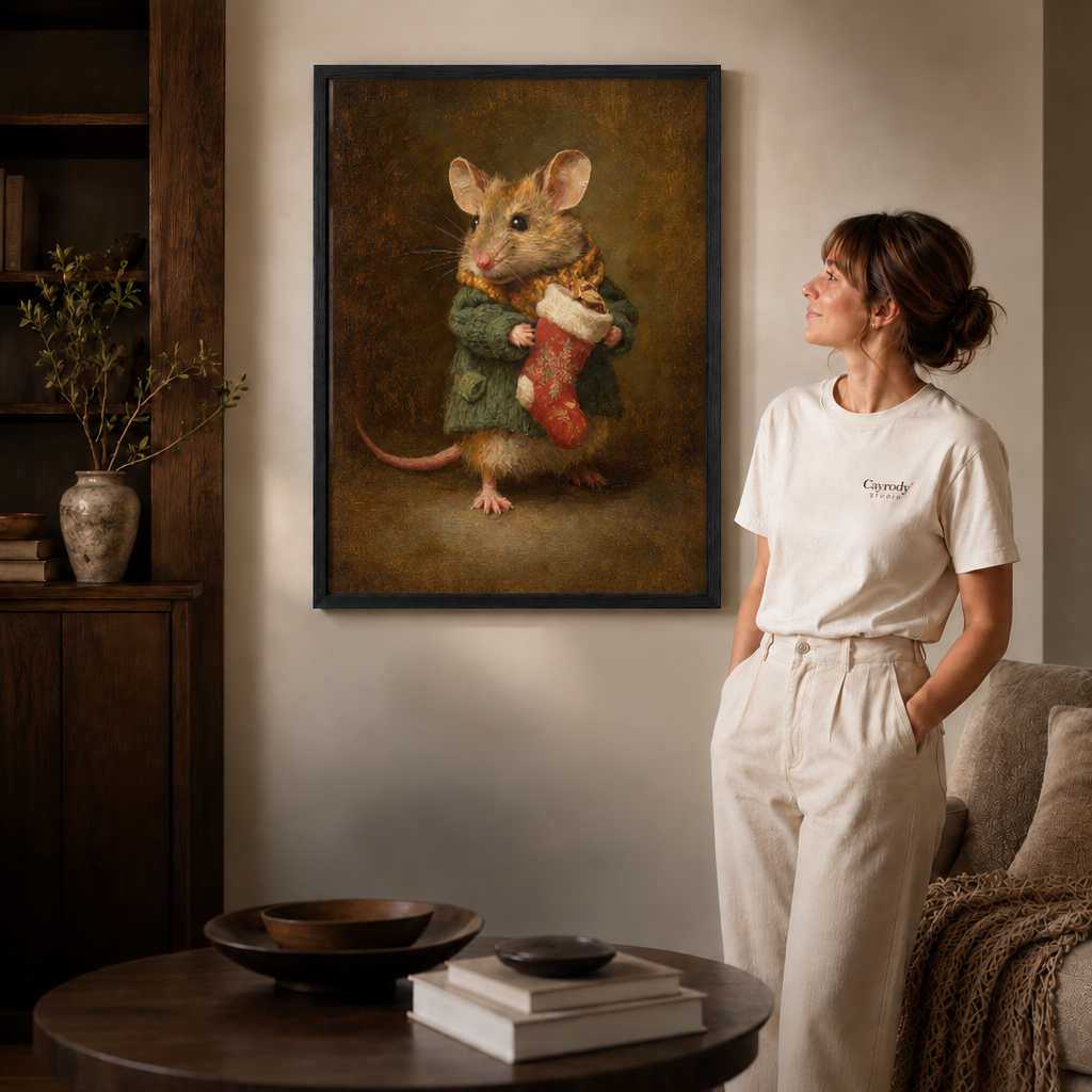 Woman looking toward black-framed Christmas mouse wall art above a round coffee table.