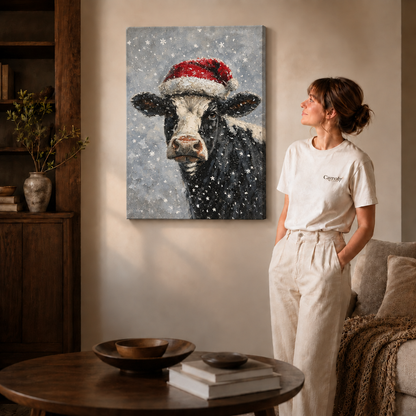 Unframed Christmas cow canvas hanging beside a woman in a living room.