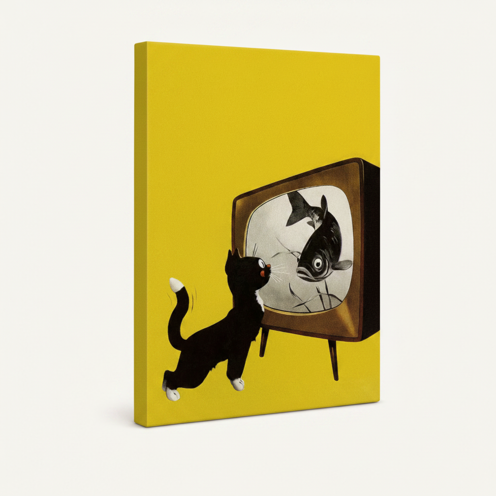 Side angle of gallery-wrapped cat canvas with vivid yellow background and mid-century illustration style