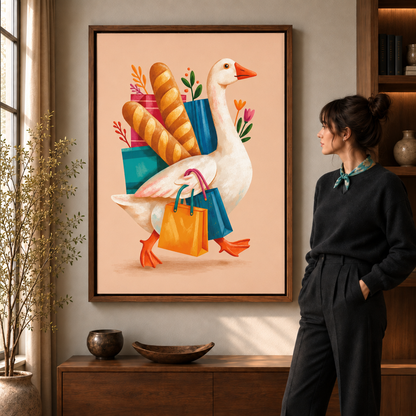 Woman beside walnut-framed shopping goose wall art featuring baguettes, flowers, and colorful bags.