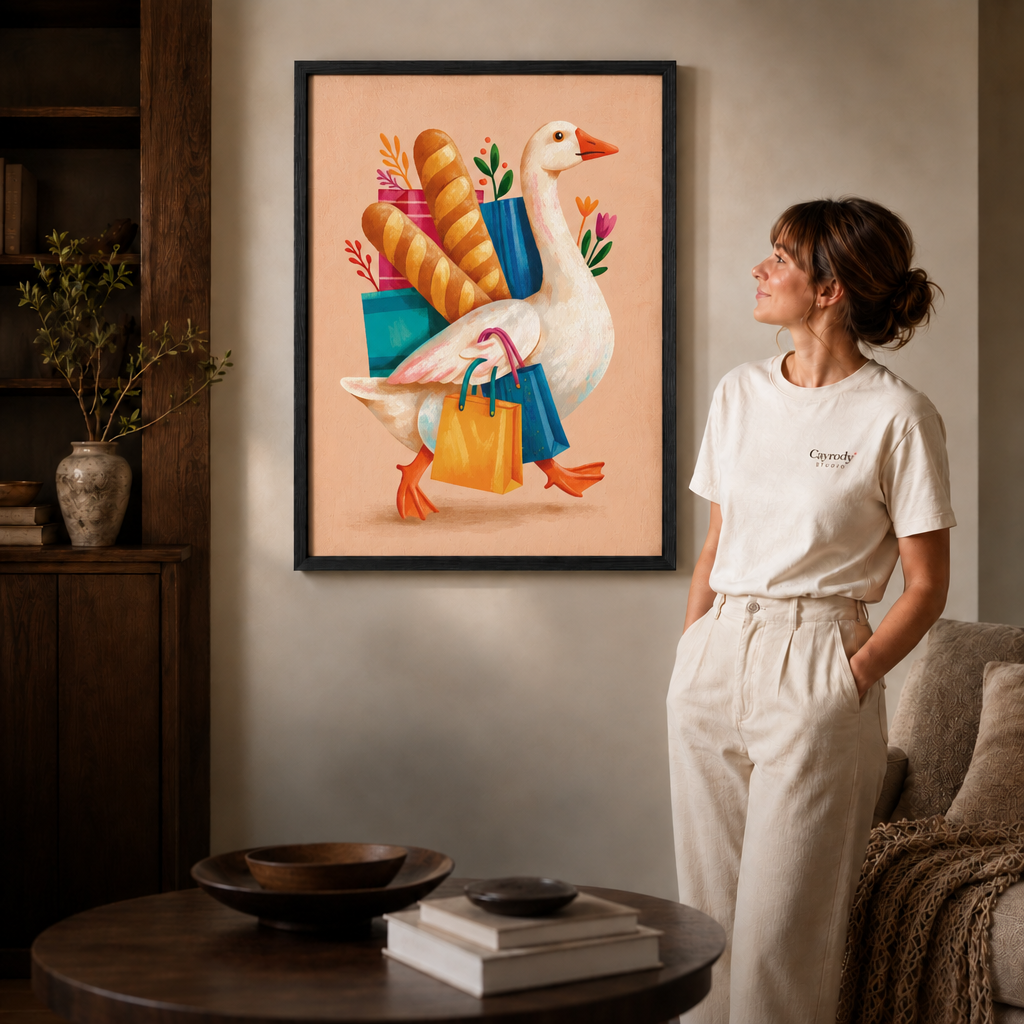 Woman viewing black-framed shopping goose wall art above a round coffee table.