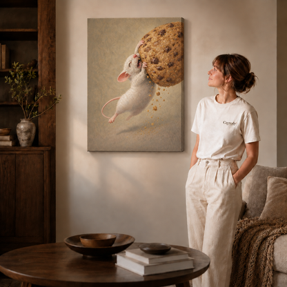 Gallery-wrapped mouse floral canvas beside a woman in a white shirt and a cozy seating area.