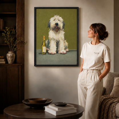 Woman looking toward black-framed shaggy dog portrait against a muted olive background.