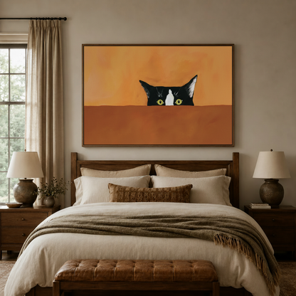 Peeking cat canvas wall art centered above a neutral bed with matching wood furniture