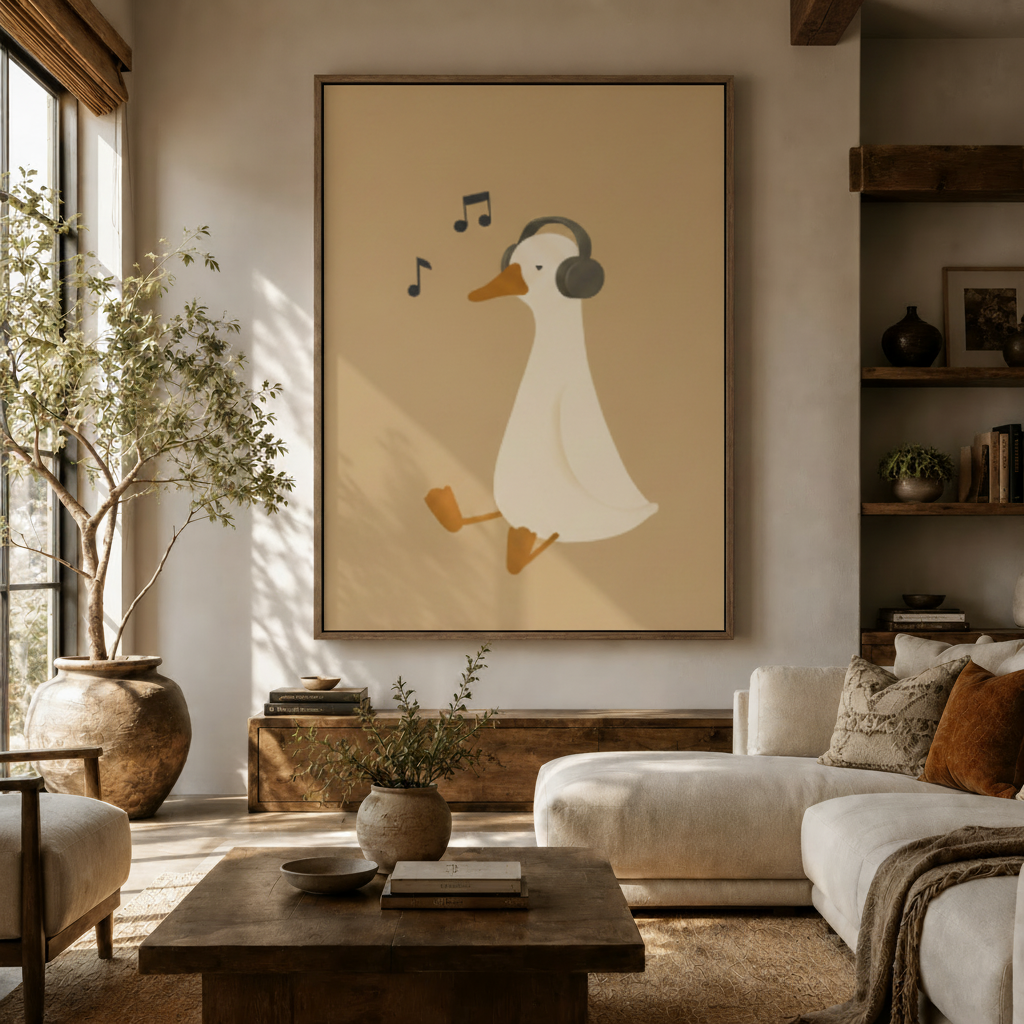 Whimsical duck with headphones wall art in warm brown float frame displayed in a bright boho living room