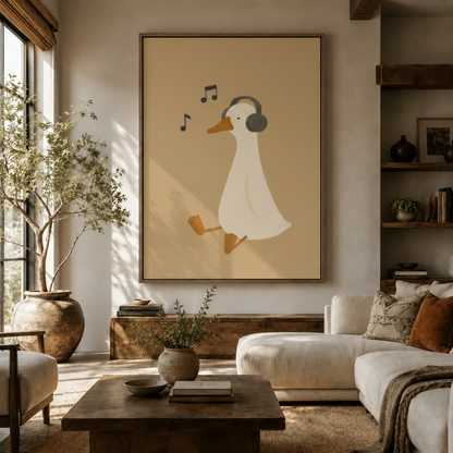 Whimsical duck with headphones wall art in warm brown float frame displayed in a bright boho living room