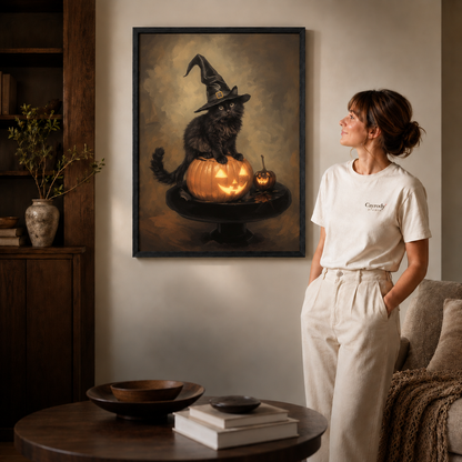 Black framed Halloween cat wall art with glowing jack-o’-lanterns in a modern living room