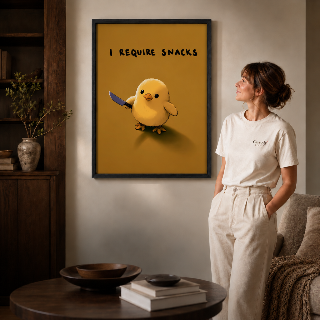 Woman looking toward black-framed snack chick wall art in a warm living room.