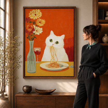 Woman beside walnut-framed spaghetti cat wall art with flowers and red wine.