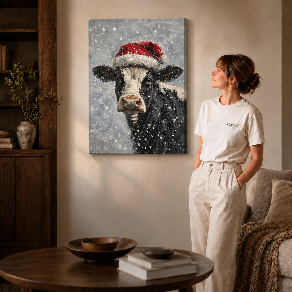 Unframed Christmas cow canvas hanging beside a woman in a living room.