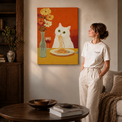 Unframed canvas of a white cat eating spaghetti beside flowers and wine.