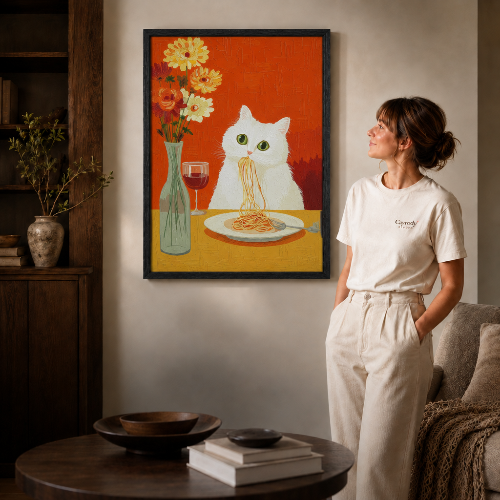 Woman looking toward black-framed spaghetti cat wall art against a vivid orange backdrop.
