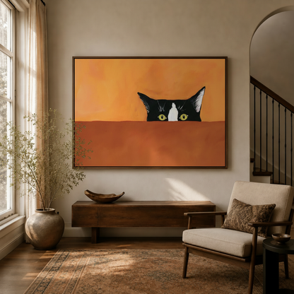 Peeking black-and-white cat canvas wall art above a wood console in a modern interior