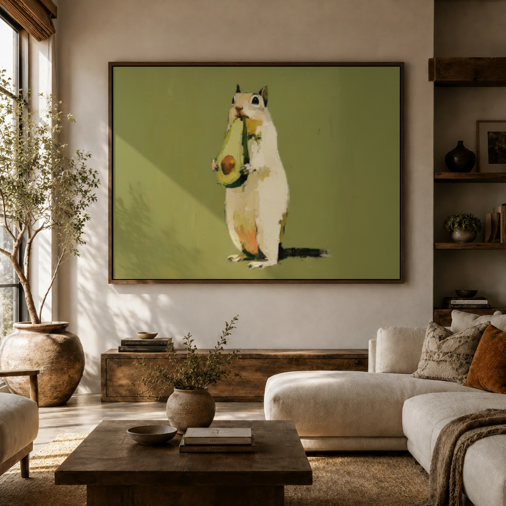 Whimsical squirrel canvas wall art in framed print above sideboard in bright boho living room