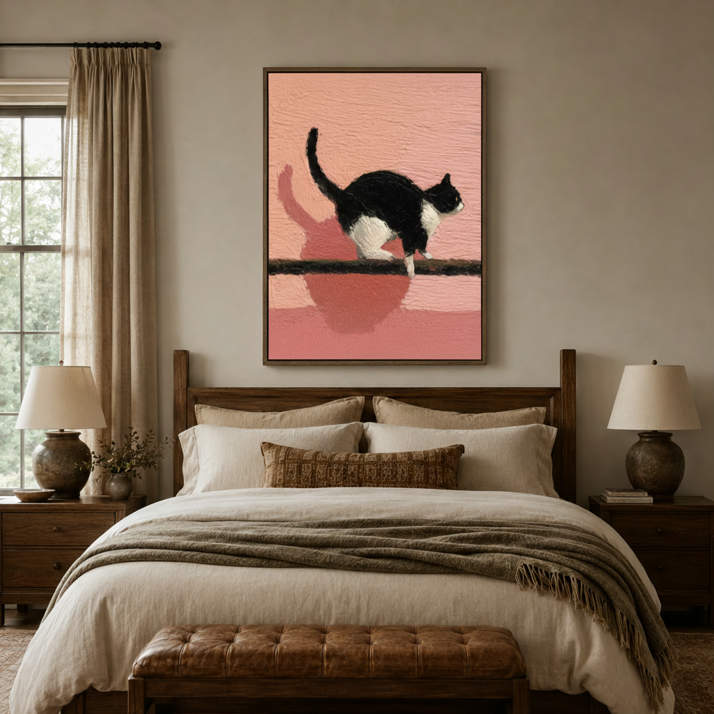 Pink tuxedo cat canvas print centered above dark walnut bed in cozy warm neutral master bedroom