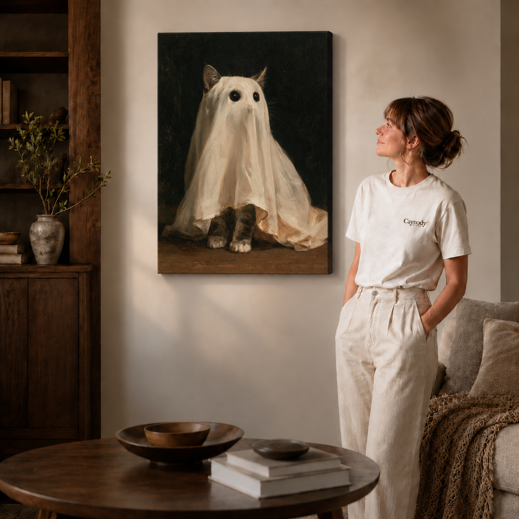 Gallery-wrapped ghost cat canvas with pointed ears and visible paws in a cozy room